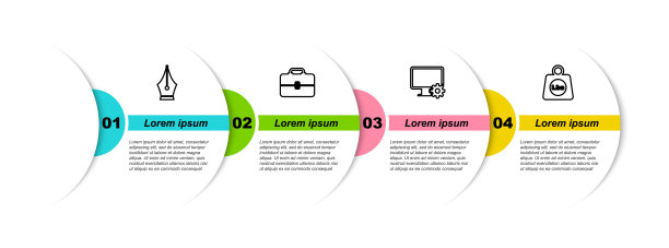 钢笔笔尖，工具箱，电脑显示器，齿轮和重量磅。业务信息模板。向量图片下载