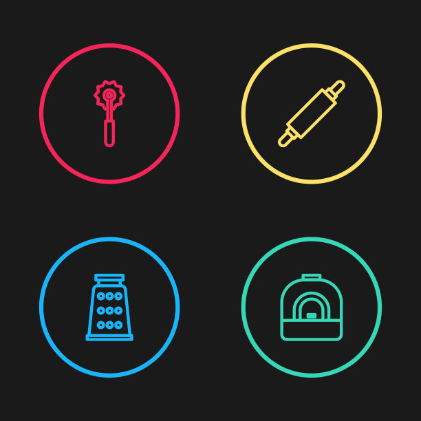 设置线刨丝器，烤箱，擀面杖和披萨刀图标。向量图片下载