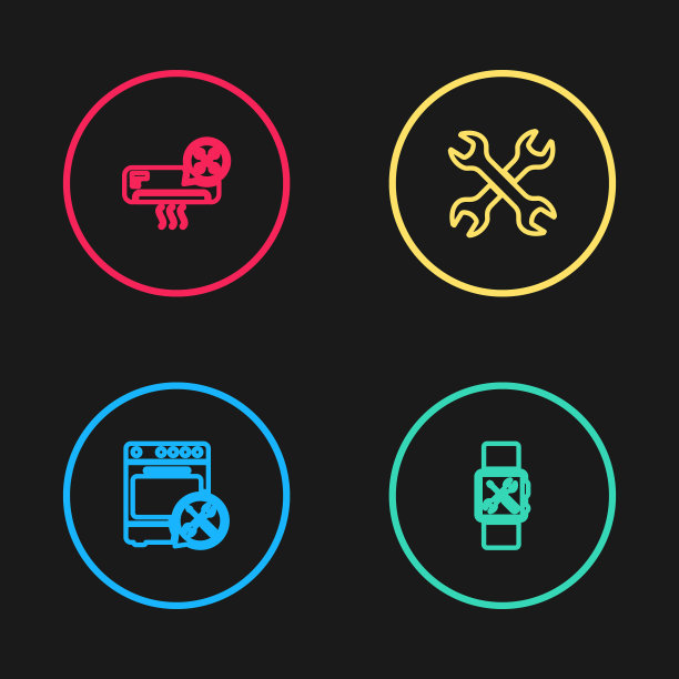 设置烤箱服务，智能手表，交叉扳手和空调图标。向量图片下载