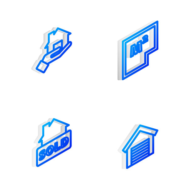 设置等距线房屋计划，房地产经纪人，悬挂标志与文本出售和车库图标。向量图片下载