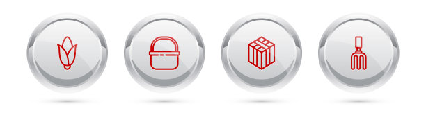 玉米，篮子，干草捆和花园耙。银圈按钮。向量图片下载