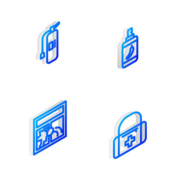 设置等距线胡椒喷雾，灭火器，破窗和急救箱图标。向量图片下载
