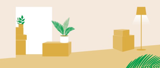 公寓移动和没有人，平面矢量股票插图作为复制空间模板与盒子的财产，货物和没有人的设计图片下载