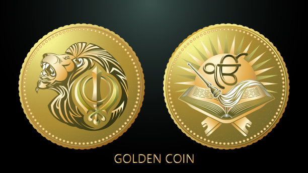 向量。黄金纪念品硬币。印度。锡克教。在咆哮的狮子背景上的汗达符号。硬币的反面描绘了神圣的书Adigrant, ik Onkar符号和一个扇子。模型。图片下载