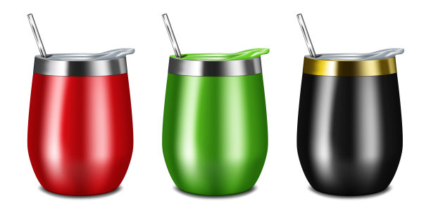 杯盖和金属饮水吸管隔离在白色背景，现实的矢量插图。旅行热杯子。颜色设置。容易上色图片下载