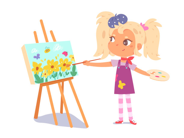 女孩艺术家绘画。小孩子用画笔，水彩，调色板矢量插图在画架上的画布上画花。创作艺术活动孤立在白色背景图片下载