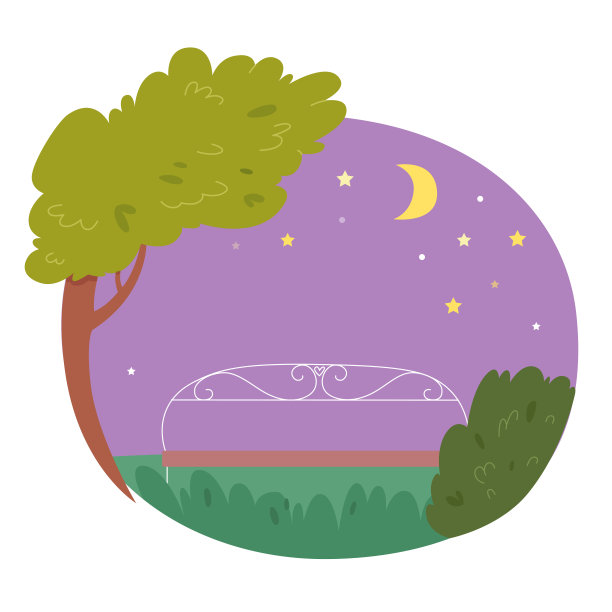 树与长凳在花园或公园晚上的背景。绿色的树枝，草坪与草，灌木丛，坐的地方，看天空与星星和月亮矢量插图。夏日田野壁纸图片下载