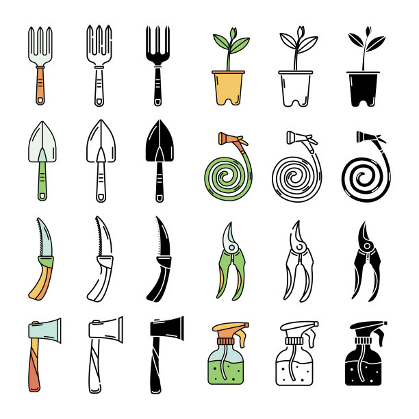 设置与园林工具，线条艺术和简单图片下载