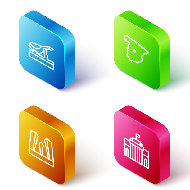 设置等角线西班牙火腿，西班牙地图，门欧洲和普拉多博物馆图标。向量图片下载