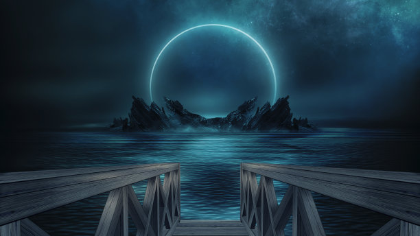 晚霞海景，海边木栈桥。傍晚的海滩上有棕榈树，海滩派对。未来的夜景，梦幻。霓虹日落，阳光，霓虹灯光，水中的霓虹反射。3 d渲染。图片下载