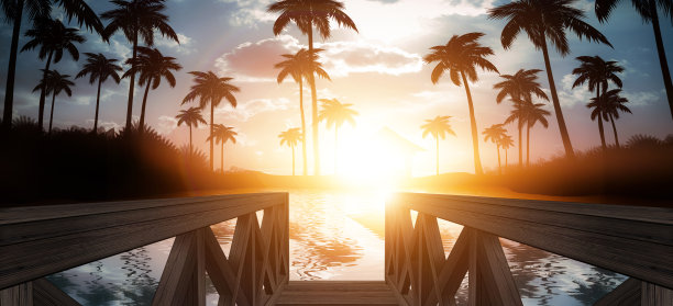 晚霞海景，海边木栈桥。傍晚的海滩上有棕榈树，海滩派对。未来的夜景，梦幻。霓虹日落，阳光，霓虹灯光，水中的霓虹反射。3 d渲染。图片下载