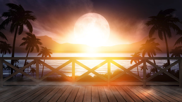 晚霞海景，海边木栈桥。傍晚的海滩上有棕榈树，海滩派对。未来的夜景，梦幻。霓虹日落，阳光，霓虹灯光，水中的霓虹反射。3 d渲染。图片下载