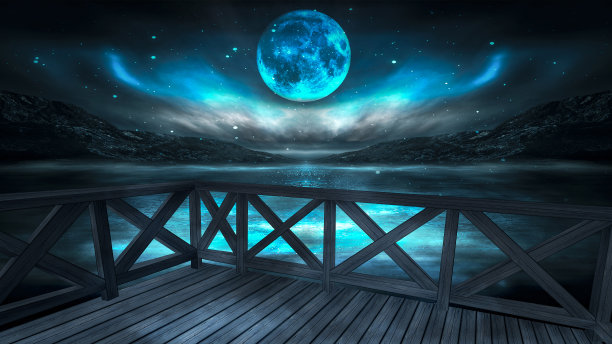 晚霞海景，海边木栈桥。傍晚的海滩上有棕榈树，海滩派对。未来的夜景，梦幻。霓虹日落，阳光，霓虹灯光，水中的霓虹反射。3 d渲染。图片下载