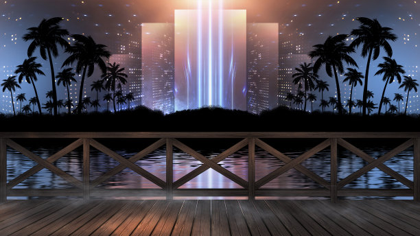 晚霞海景，海边木栈桥。傍晚的海滩上有棕榈树，海滩派对。未来的夜景，梦幻。霓虹日落，阳光，霓虹灯光，水中的霓虹反射。3 d渲染。图片下载