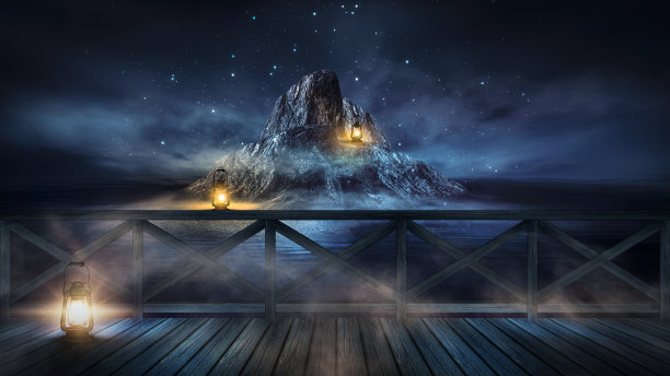 晚霞海景，海边木栈桥。傍晚的海滩上有棕榈树，海滩派对。未来的夜景，梦幻。霓虹日落，阳光，霓虹灯光，水中的霓虹反射。3 d渲染。图片下载