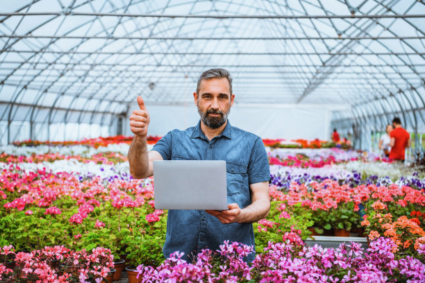 人类在小型温室商店工作。他正在检查植物。图片下载