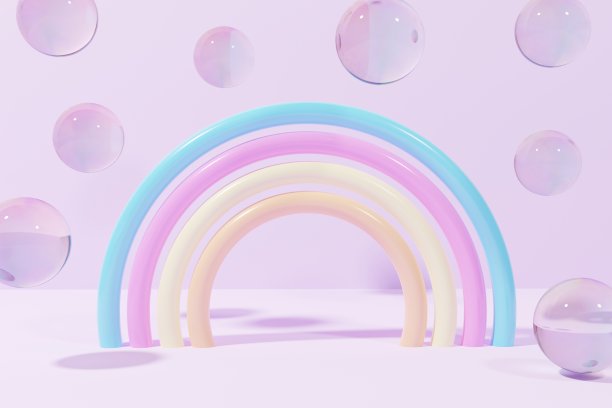 三维渲染的塑料现代彩虹与飞行的玻璃球在紫色的背景图片下载