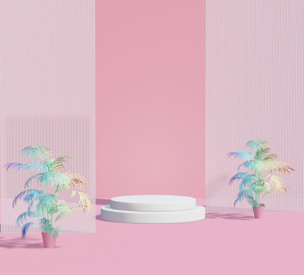 3d渲染，抽象几何形状粉彩粉，夏季场景最小设计，产品展示，粉红色的室内背景与天空和夏季彩虹植物图片下载