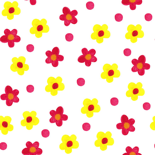 水彩无缝抽象图案与红色，粉红色和黄色的花和点。卡通、简约、鲜艳、五彩缤纷，是儿童的风格。图片下载