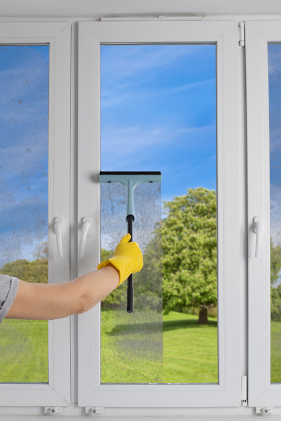 清洁现代PVC窗户与手持式清洁刷概念图片下载