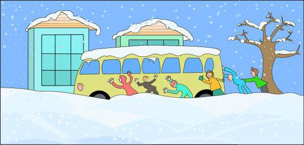 人们推着巴士被困在雪里，雪下得很大图片下载