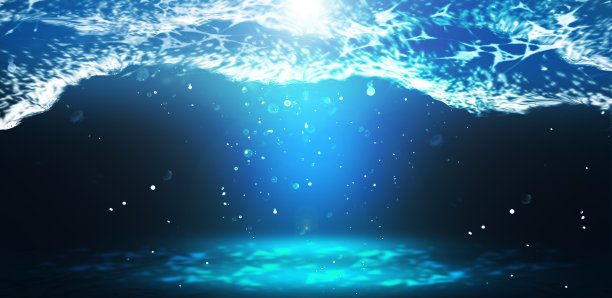 海水深，海底深，阳光透过水，水下的世界，黑暗的海的背景。水下的岩石和石头。海砂。3 d渲染。图片下载