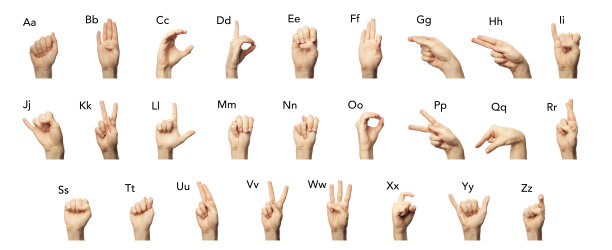 一组显示在白色背景上孤立的手语字母的人。用手指拼写美国手语从A到Z的字母。叹息的语言概念图片下载