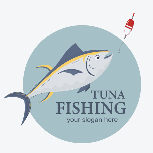商业鱼类。插图的金枪鱼。渔业标志及会徽。图片下载
