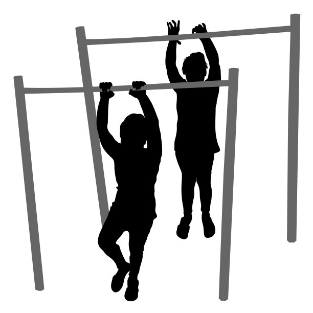 矢量剪影2个胖乎乎的小女孩，学龄前，孩子站在单杠上，双手举起，握住单杠。身体发展，教育，生活方式。孤立的白色背景。图片下载