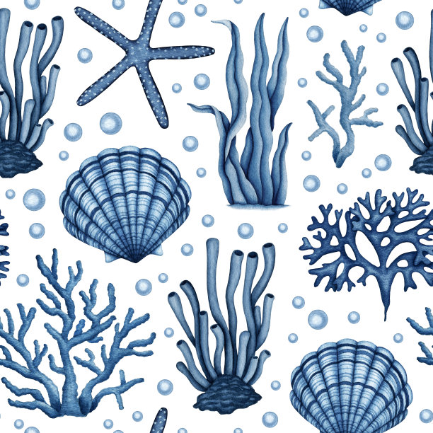 海洋生物无缝模式。水彩蓝色海星，海草，珊瑚和海贝。海洋水下动植物。夏天海鲜。手绘海洋背景设计版画图片下载
