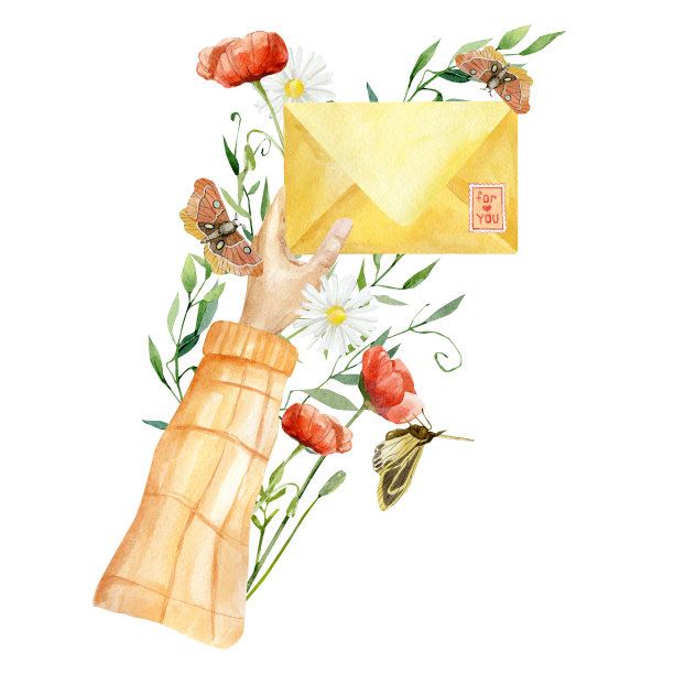 信封里的手绘野花。水彩手与野花春假艺术。植物花卉组成。图片下载