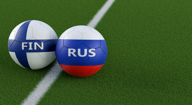 芬兰对俄罗斯足球比赛-皮革球在芬兰和俄罗斯的国家颜色在足球场上。复制空间的右侧- 3D渲染图片下载