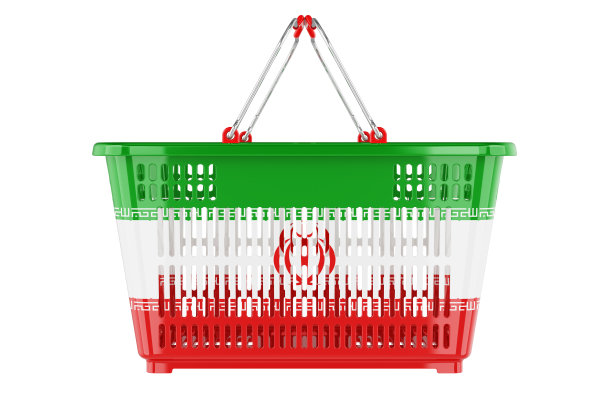 有伊朗国旗的购物篮，市场购物篮或购买力概念。3D渲染孤立的白色背景图片下载