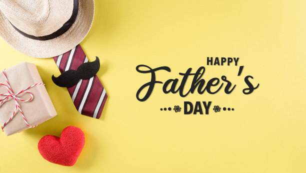 快乐的父亲节背景概念领带和胡子，帽子，礼盒，红色的心与文字在柔和的黄色背景。图片下载