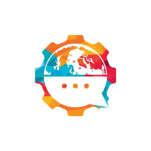 全球标志与气泡说话和齿轮图标图片下载