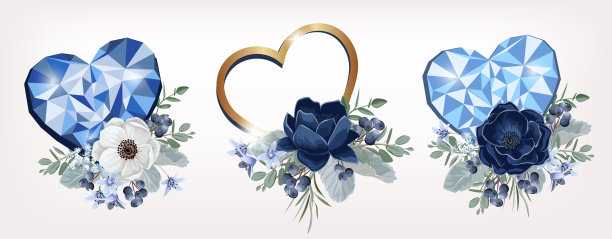 收集花的边界和组成与黄金和钻石心和婚礼花。邀请或贺卡模板。蓝色的海葵图片下载