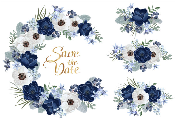 收集花的边界和组成与婚礼花。蓝色的海葵。邀请或贺卡模板。图片下载