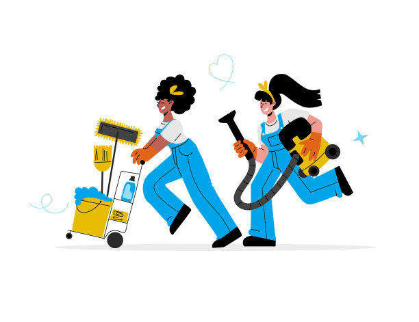白人，非裔美国女清洁工穿着制服，带着吸尘器，推着手推车匆忙打扫。矢量插图。图片下载