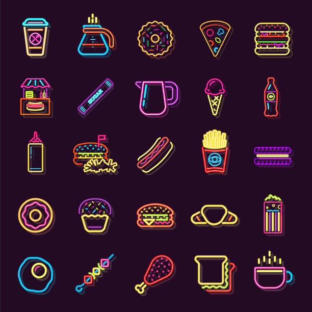 街头小吃快餐饮料霓虹灯。快餐店，汉堡店或披萨店设计。发光的招牌。向量。图片下载