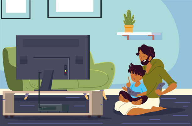 父亲和儿子在玩电子游戏图片下载