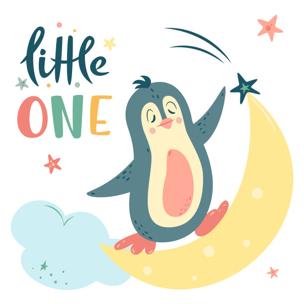 托儿所矢量插图卡通风格。可爱的企鹅骑在月亮上;云和恒星。一个小小的字母标志。图片下载