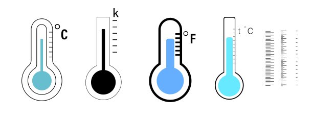 温度计合集：测量温度的仪器，空气加热水平和体温指示器（摄氏度、华氏度、开尔文），矢量图图片下载