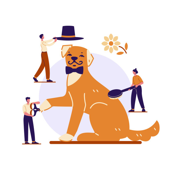 宠物美容的概念。人们剪他们的爪子，梳，照顾狗。矢量插图在平面卡通风格。图片下载