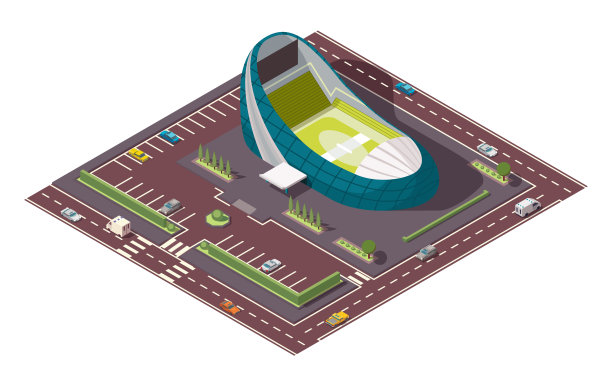 等长运动领域。举办大型体育比赛的场所。矢量图标或信息图表元素代表足球、篮球或曲棍球体育场与汽车和公共汽车在街上图片下载