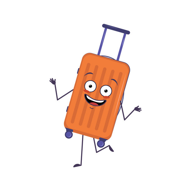 可爱的性格的度假手提箱与情绪跳舞，微笑的脸，手臂和腿。滑稽的，快乐的或微笑的英雄，快乐的行李与眼睛图片下载