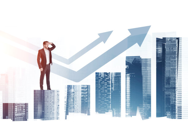 商人站立，攀爬摩天大楼的条形图，生长的箭头图片下载