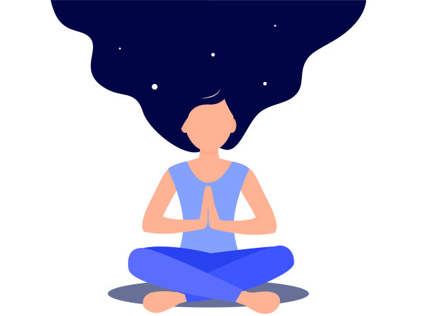 穿蓝色衣服的女人做瑜伽练习向量。莲花。长发如宇宙。海报平面插图图片下载