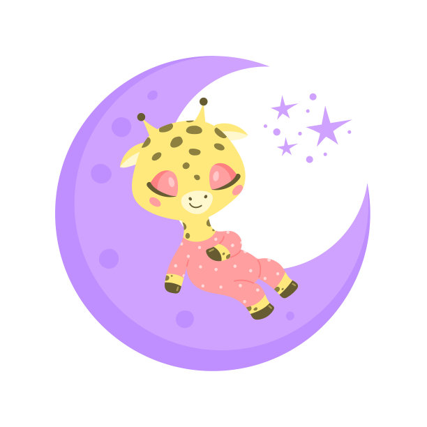 矢量插图的一个可爱的卡通长颈鹿睡在月亮上。小动物在睡觉。图片下载