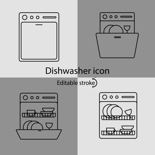 洗碗机线性图标设置。可自定义的线性轮廓符号。可编辑的中风。孤立的矢量图图片下载