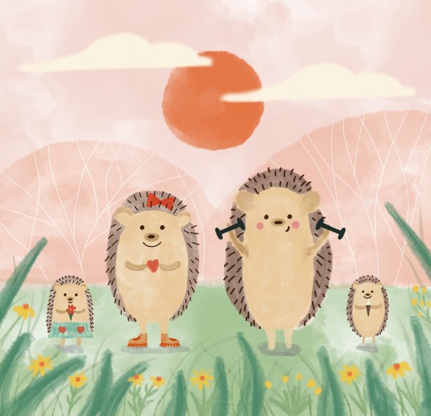 可爱的刺猬家庭插画托儿所。刺猬用哑铃做练习图片下载